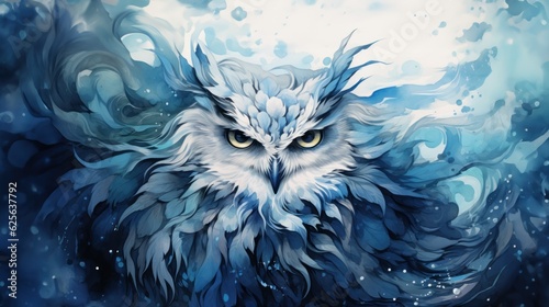 Majestic horned owl in winter with beautiful big yellow eyes and ice blue feathers, wallpaper background art illustration - generative AI photo