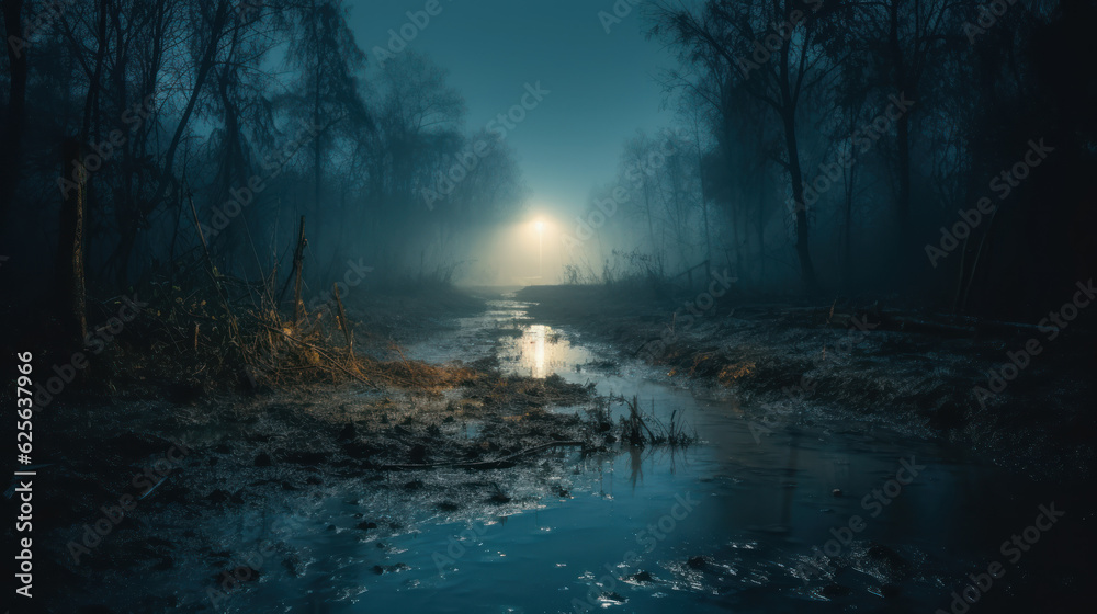 Mysterious forest swamp at foggy night or dusk.