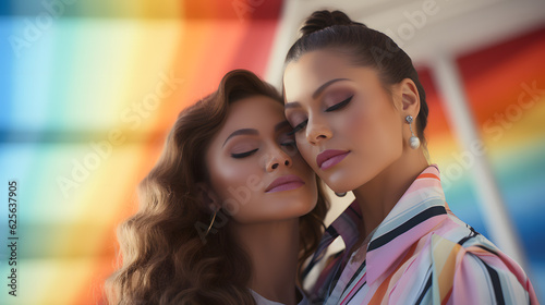 Close-up of couple of women embracing. Modern and disruptive aesthetics. Wrapped with Pride Flag. Landscape format.