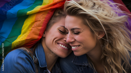 Close-up of couple of women embracing. Modern and disruptive aesthetics. Wrapped with Pride Flag. Landscape format.