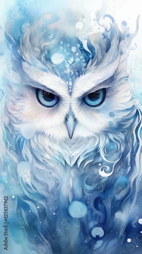 Majestic horned owl in winter with beautiful big yellow eyes and ice blue feathers, wallpaper background art illustration - generative AI