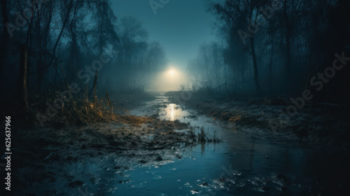 Mysterious forest swamp at foggy night or dusk.