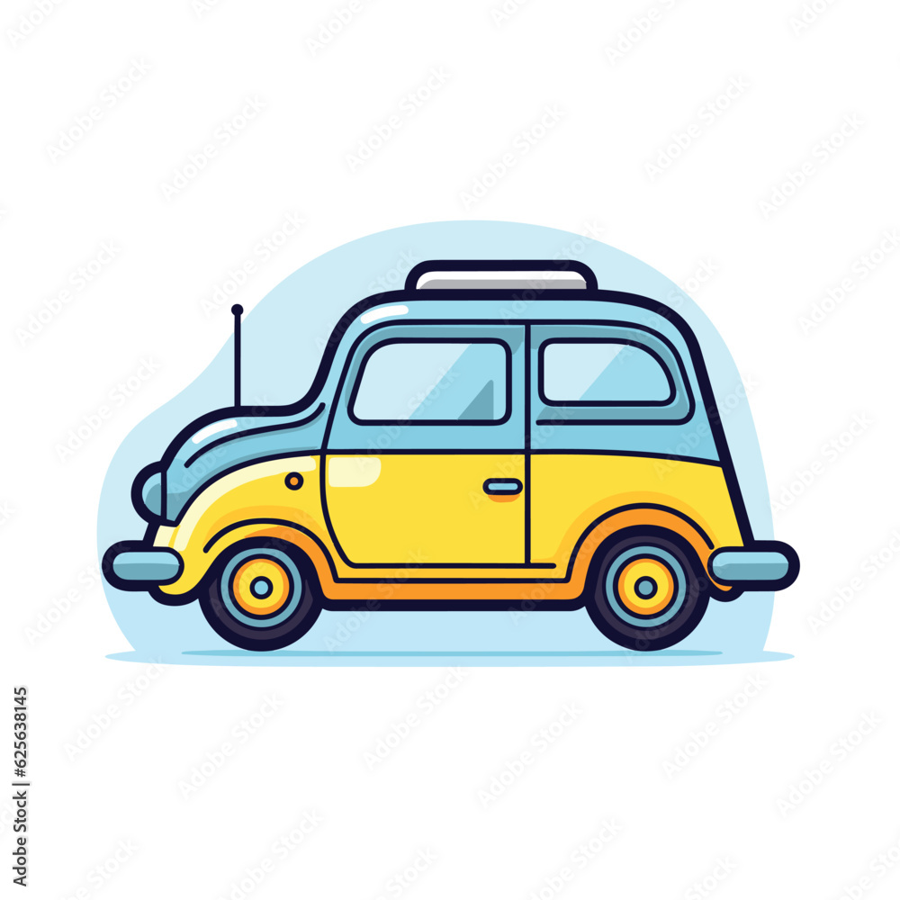 Vector of a small yellow car with a roof rack parked on a flat surface
