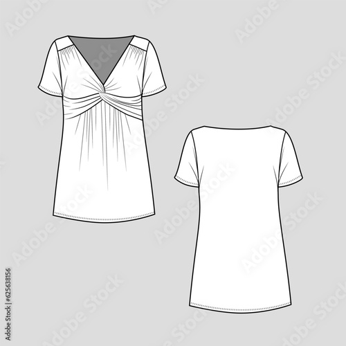 Women tunic top Front Twist knot gathering v neck short sleeve t shirt blouse top fashion flat sketch technical drawing template design vector