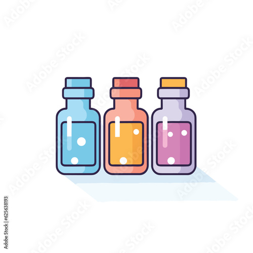 Vector of three bottles containing various colored liquids on a flat surface