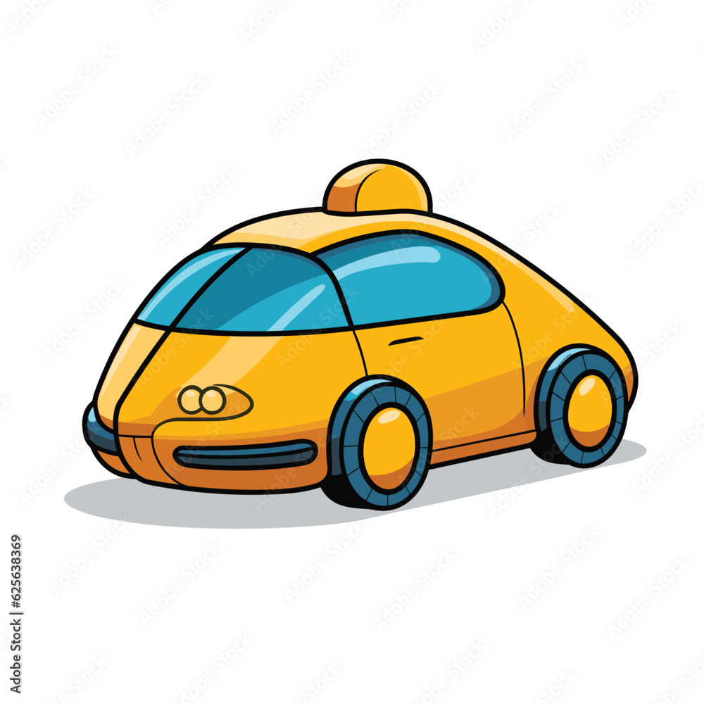 Vector of a yellow toy car with a blue roof on a flat surface