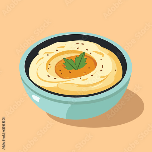 Vector of a beautifully presented bowl of soup with a vibrant green leaf garnish