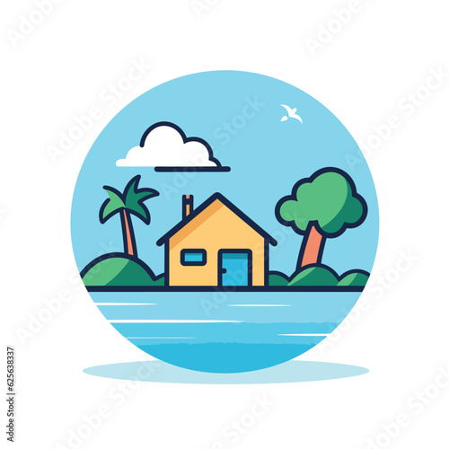 Vector of a solitary house on a small island surrounded by the vast ocean