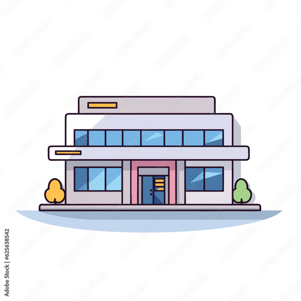 Obraz premium Vector of a flat building surrounded by trees and bushes