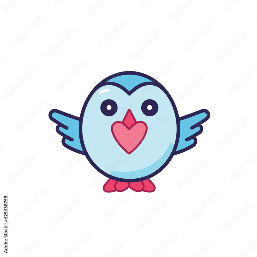 Flat vector icon a cute blue bird holding a heart in its beak, isolated on a white background Flat vector icon a cute blue bird holding a heart in its beak, isolated on a white background