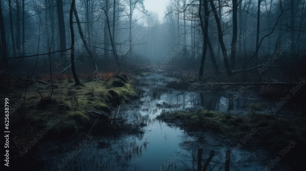 Fototapeta premium Mysterious forest swamp at foggy night or dusk.