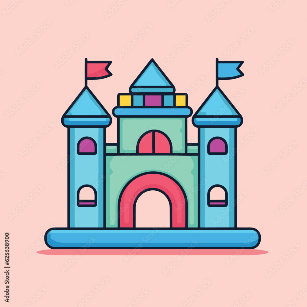Flat vector icon a majestic castle with a proudly waving flag on top