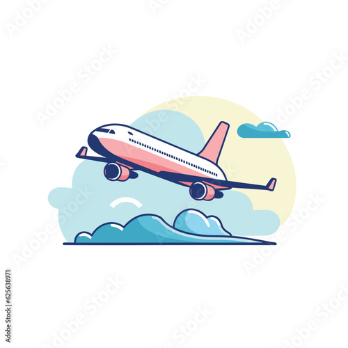 Flat vector icon an airplane soaring above the fluffy clouds with a flat vector style