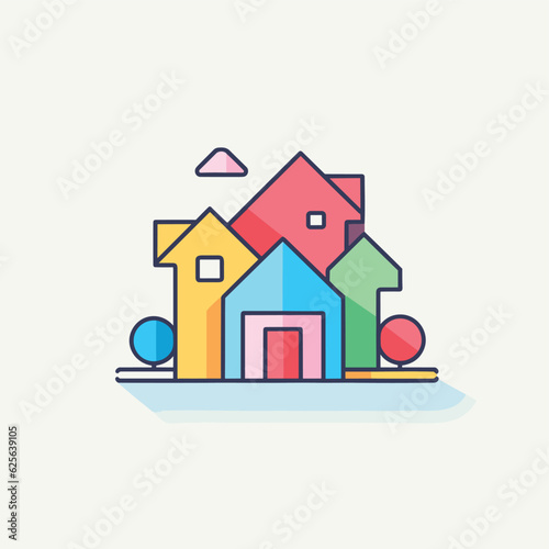 Flat vector icon a vibrant house surrounded by lush trees and fluffy clouds
