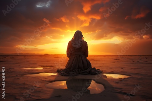 Serenity of women praying in the breathtaking sunset. A moment of spiritual devotion and peace captured in a stunning silhouette. Perfect for conveying faith and tranquility in one mesmerizing