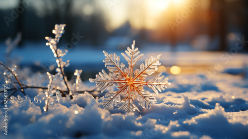 detail of a Snowflake in front of a winter landscape with snow bokeh sparkling