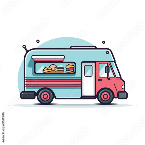 Flat vector icon a food truck showcasing a delicious sandwich in its window
