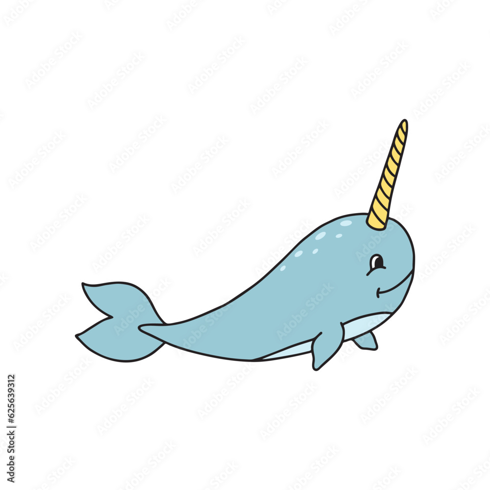 Cute cartoon narwhal isolated on white background. Child vector illustration in doodle style