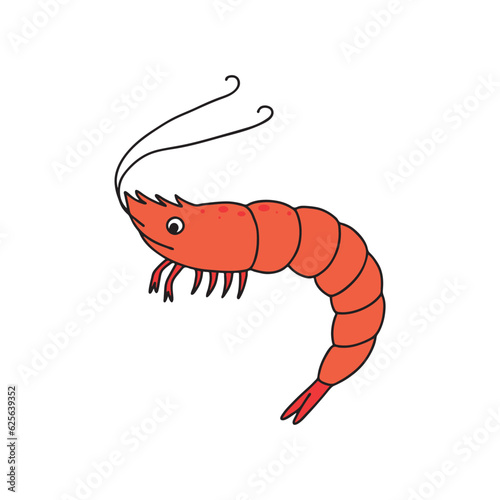 Cute cartoon shrimp on a white background. Child vector illustration in doodle style