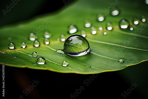 Close-up view of a green leaf with drops of waterafter rain.