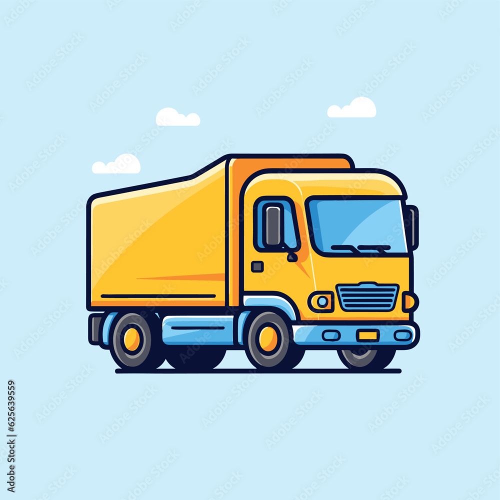 Vector flat icon of a yellow truck against a vibrant blue sky