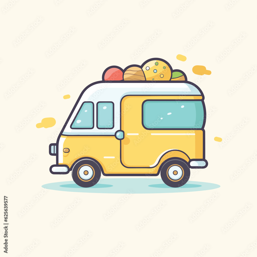 Vector flat icon of a yellow van loaded with delicious food Vector flat icon of a yellow van loaded with delicious food