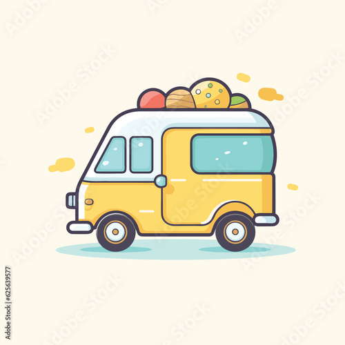 Vector flat icon of a yellow van loaded with delicious food