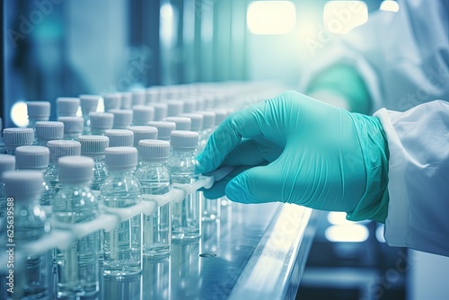 Hand with sanitary gloves checks medical vials on production line at pharmaceutical factory. Chemical laboratory glass bottle production line. Lab equipment. Science research. Generative AI