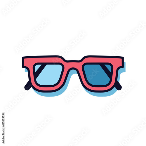 Vector flat icon of a pair of red glasses with blue lenses on a white background