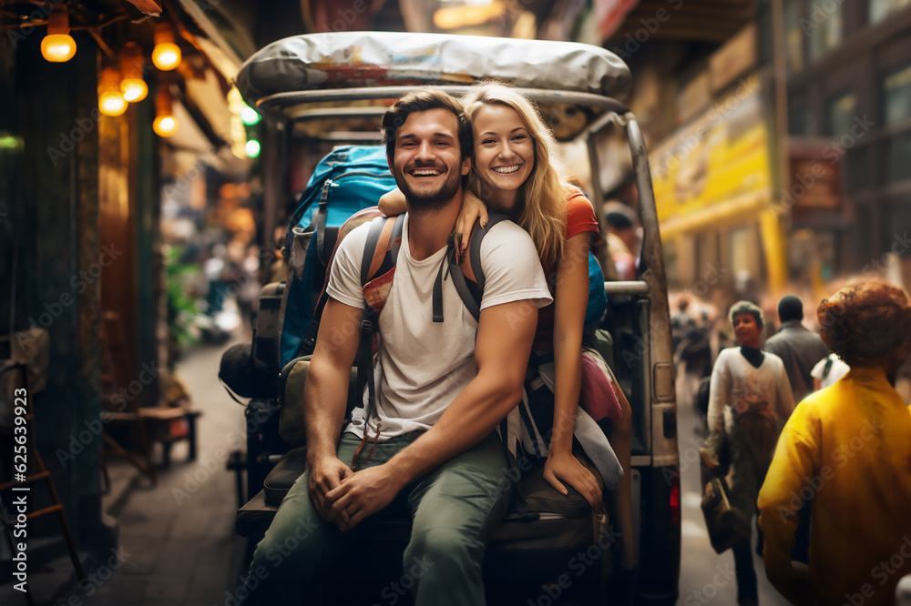 Portrait of ayoung happy couple of travellers on a budget with backpacks in a street of a busy city in a developing country, adventure backpackers travel illustration Portrait of ayoung happy couple of travellers on a budget with backpacks in a street of a busy city in a developing country, adventure backpackers travel illustration