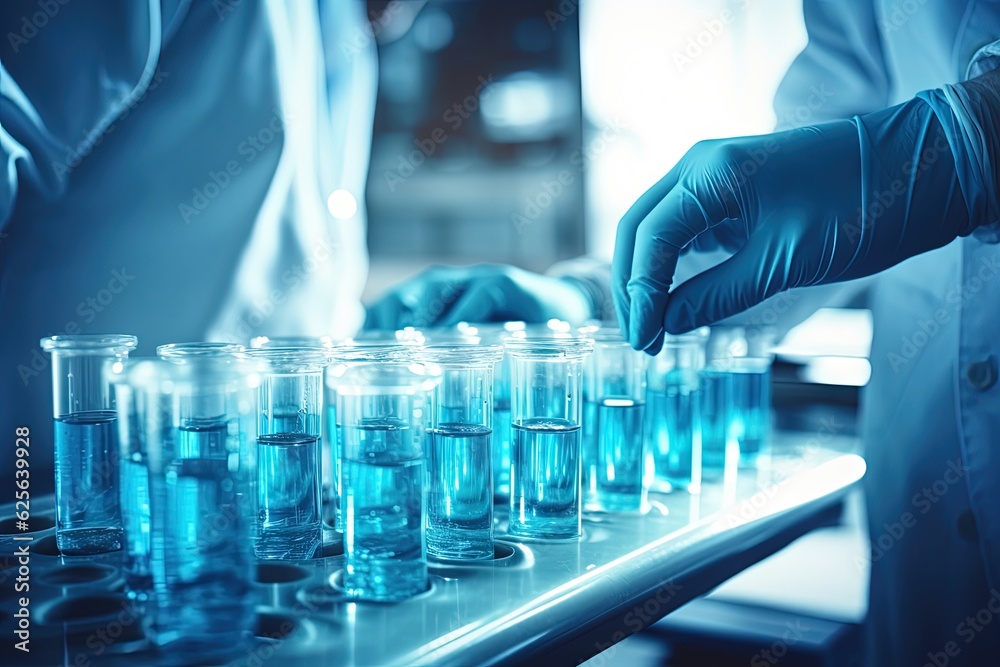 Hand with sanitary gloves checks medical vials on production line at pharmaceutical factory. Chemical laboratory glass bottle production line. Chemistry research. Medical research. Generative AI Hand with sanitary gloves checks medical vials on production line at pharmaceutical factory. Chemical laboratory glass bottle production line. Chemistry research. Medical research. Generative AI