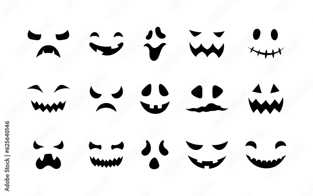 Vector scary faces icons set. Halloween decoration smiling masks. Pumpkin funny smiles. Ghost face collection isolated on white background for web, decor, fashion print, app