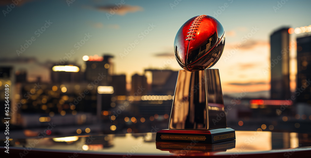 A realistic American football championship cup in the form of a ball stands on a mirror table against the backdrop of an evening city. Copy space. Ai - obrazy, fototapety, plakaty 