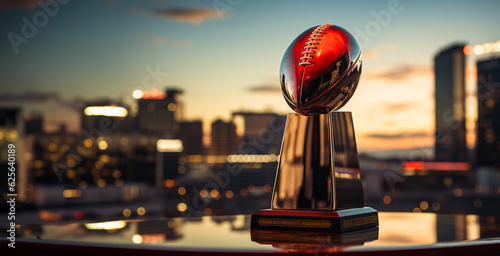 A realistic American football championship cup in the form of a ball stands on a mirror table against the backdrop of an evening city. Copy space. Ai
