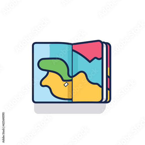 Vector flat icon of a book with a detailed map illustration inside