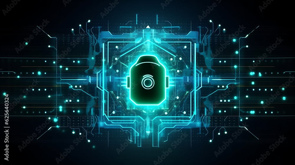 Fototapeta premium Future Technology Cyber Security, Neon Lightning HUD and Lock Icon Ensure Digital Data Network Protection. Generative AI.
