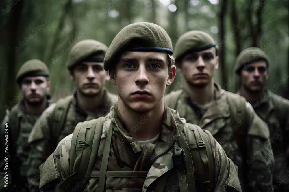 Generative AI illustration of group of emotionless young soldiers in military uniform standing in a forest and looking at camera Generative AI illustration of group of emotionless young soldiers in military uniform standing in a forest and looking at camera