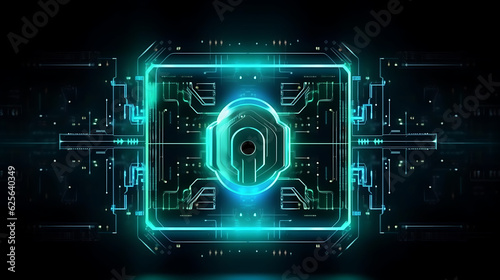 Future Technology Cyber Security, Neon Lightning HUD and Lock Icon Ensure Digital Data Network Protection. Generative AI.