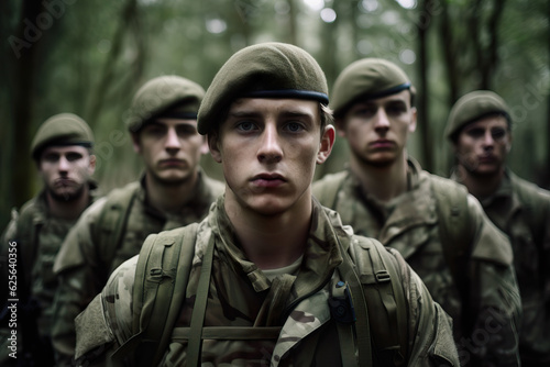 Generative AI illustration of group of emotionless young soldiers in military uniform standing in a forest and looking at camera photo