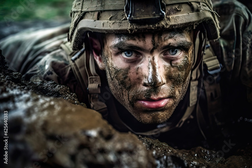 Generative AI illustration portrait of unemotional camouflaged in mud soldier in hardhat covered in mud looking at camera photo