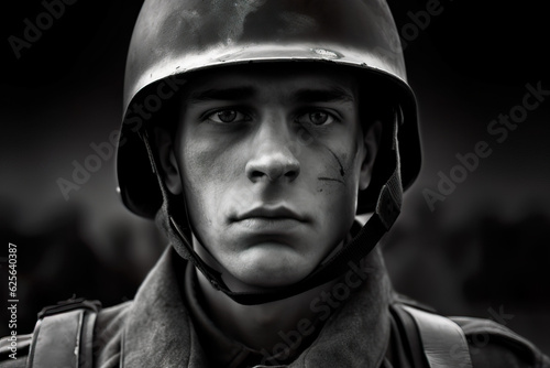 Generative AI illustration portrait black of unemotional soldier in hardhat looking at camera