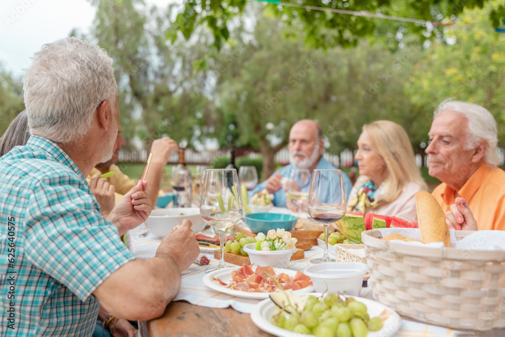 Mature friends having dinner in garden Mature friends having dinner in garden