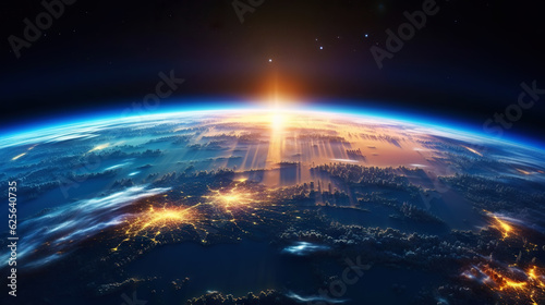 Panoramic view on planet Earth globe from space. Glowing city lights  light clouds. Generative AI