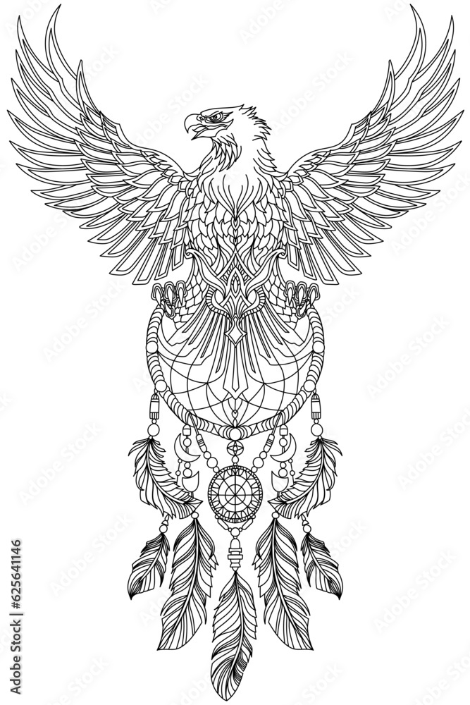 Obraz premium Eagle with wings spread and holding native Indian dreamcatcher, head turned in profile. Front view, vertical. Traditional outline tattoo. Black and white vector vector