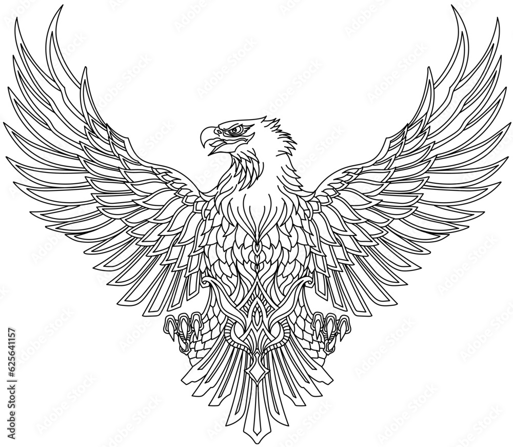 Obraz premium Eagle with wings spread, head turned in profile. Traditional outline tattoo. Black and white vector illustration