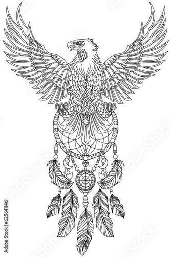 Eagle with wings spread and holding native Indian dreamcatcher, head turned in profile. Front view, vertical. Traditional outline tattoo. Black and white vector vector