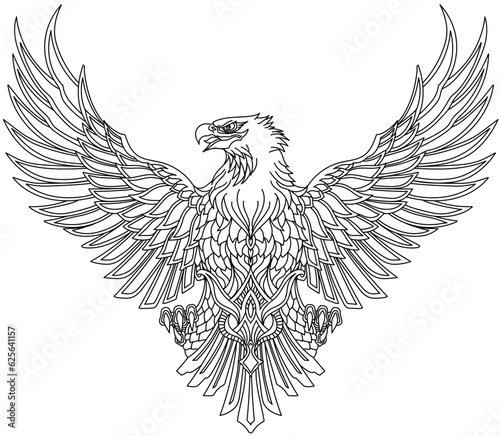 Eagle with wings spread, head turned in profile. Traditional outline tattoo. Black and white vector illustration