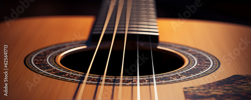 Acoustic guitar, close-up, selective focus, shallow.