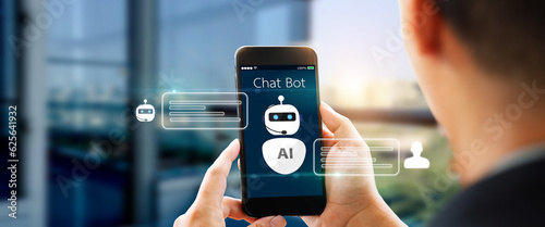 Chatbot Ai Artificial Intelligence technology concept.Man Hands holding mobile phone