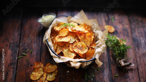 Kartoffel Chips Bratkartoffeln nach Omas Rezept Handgemacht angerichtet, ai generativ photo